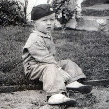 c1930s Toddler Boy Garrison Cap Overalls Snapshot Photo Art Deco Border Yard Vtg picture