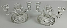 Jeanette Cosmos Triple Candlestick Holder Clear Glass 1945-1956 Set Of 2 Vintage picture