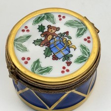Limoges France Porcelain Christmas Teddy Bear Drum Trinket Box #1262 picture