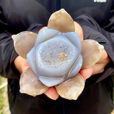 193G Natural Agate Geode Carved Lotus Flower, Hand Carved Healing Crystal Home picture