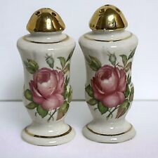 Vintage Floral Porcelain Salt & Pepper Shakers Gold Accents Pink Rose Flowers picture