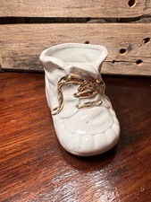 White Vintage Baby Shoe Planter Gold accents Ceramic Succulent Nursery Baby picture