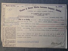 Antique 1899 Marine Ins. Certificate Samuel Pierce Organ Pipe Co NY Buenos Ayres picture