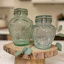 VITORIA ETRUSCA Hermetic GREEN TINT CANISTERS Made In Italy VINTAGE Set Of 2 picture