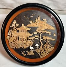 Decorative Plate Made From Cork Wood.  VTG Cork Panel Depicting Pagodas Cranes picture