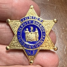 Vintage Hudson County N.J. Junior Deputy Sheriff Enameled Brass Badge picture