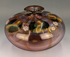 Vintage Mary Angus 1982 Signed Studio Art Glass Pillow Vase Millefiori Lily Pad picture