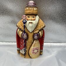 Russian Santa Figurine Wood Hand Carved And Painted 8 1/2” Tall, Artist Signed, picture