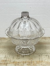 Vintage Clear Footed Glass Low Pedestal Bowl Candy Dish W/Lid Ribbed Dots READ picture