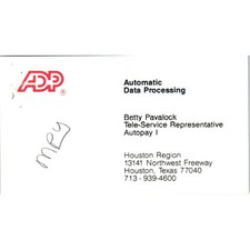 Betty Pavalock ADP Automatic Data Processing Houston Vtg Business Card SD8-B16 picture