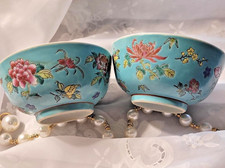 RARE Gorgeous Set of 2 Jingdezhen 1956-1967 Turquoise Glazed Famille Rose Bowls picture