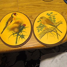 Set of 2 Oval Wood Bird Wall Plaques Brown/Yellow, Signed Ph. Genser picture