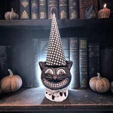Primitive Halloween Black Cat Paper Mache Style Folk Art Decor Polka Dot Pom Hat picture