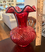 Vintage Fenton Cranberry Herringbone Drape Vase, 7.5” - Signed by Don Fenton  picture