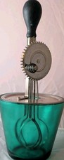 Antique Teal Glass Hand-Crank Egg Beater Oct. 9, 1923 Kitchen RARE picture