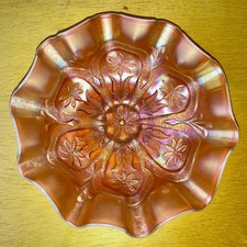 Dugan Peach Opalescent Flower & Frame Carnival Glass Bowl Footed Marigold picture