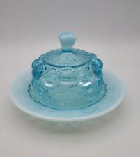 Mosser Glass Blue Opalescent Butter Dish Eye Winker Aqua Vintage picture