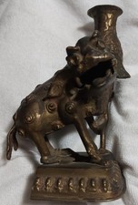 Asian Cast Brass Temple Guardian Figurine (Foo Dog/Qilin) Incense Burner picture