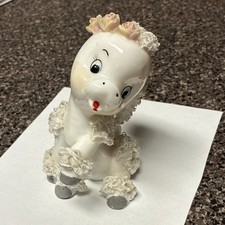 Original Arnart White Porcelain Poodle Dog Spaghetti Trim with Pink Roses 4” picture