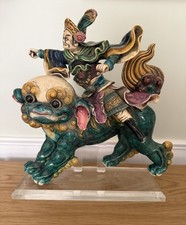 Chinese Polychrome Glazed Roof Tile Warrior  Riding Foo Dog Figurine picture