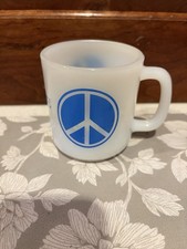 1970's PEACE Sign and Dove in Blue Milk Glass Coffee Mug picture