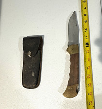 Vintage 15”Giant Lockback Folding Pocketknife Wood/Brass Clip Point w/ Sheath picture