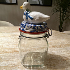 Kilner Square Clear Glass Canning Jar Floral Pattern w/ Ceramic Duck Lid England picture