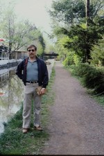 c1980's 35mm Slide, Man Canal Towpath Bridge Trees Spring polo green Boat Wooden picture