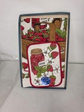 Vintage Stevens Linen Strawberry Pure Linen Tea Towel & Pot Holder Set NOS picture