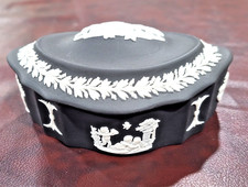 Vintage Wedgwood Black Jasperware Lidded Trinket Box Scalloped Edge, Domed Top picture