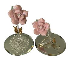 Glass Baron Crystal Roses LOT 2x Pink Glitter Gold Thorns Mirror Base Vintage picture