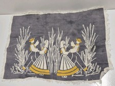 Vintage LIV HASSEL folk art Amish scene textile wall art linen MCM  picture
