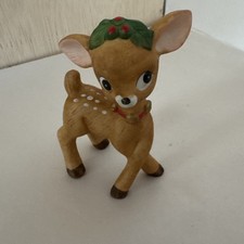Vintage Lefton Christmas Reindeer Figurine Brown White Spots / Holly Deer  picture