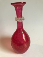 VINTAGE ~ CRANBERRY FLASH CRACKLE BLOWN GLASS BUD VASE ~ FUSED GLASS BAND ~8