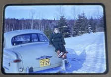 Vtg 1951 Slide Texas Plate EN2129 Boy on 49-51 Ford Trunk Snow Road Red Border picture