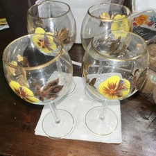 Set of 4 Stemmed Painted Floral Wine Glasses Yellow Gold Decorated Design picture