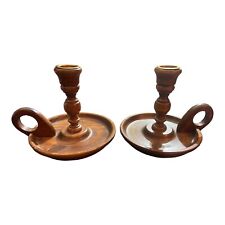 VTG Wooden Pair Of Chamber Candlestick Holders With Finger Loop MCM picture