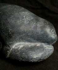 Vintage Innuit Eskimo primitive art grey serpentine stone Seal carving, 7.25