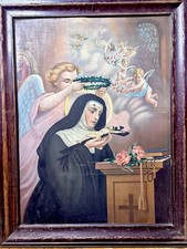 Antique Spanish Retablo St. Catherine Of Siena Painted Tin Roman Catholic Icon picture