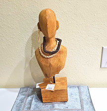   vintage Hand-Carved Wood & Metal  Bust Sculpture /Stand / Beaded Necklace 18×4 picture
