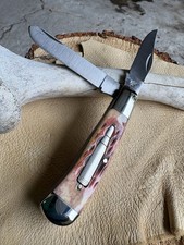 🇯🇵VINTAGE FROST CUTLERY JAPAN Bullet Knife MINI TRAPPER Red Jigged Bone *READ* picture