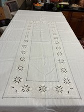 Vintage Linen Tablecloth White Hand Embroidered Floral 96”x 70”. With 12 Napkins picture