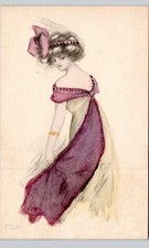 HAND DRAWN OR PAINTED LADY c1910 postcard portrait artist purple dress picture