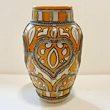 VTG Signed Fes Ach Moroccan Ceramic Vase with Metal Filigree Overlay Yellow picture