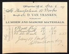 1897 G.D. Van Vranken Lumber / Masons' Materials Hempstead, NY Billhead picture