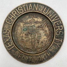 TCU Texas Christian University Solid Brass 6” Seal Desk Tray Korea RARE Vtg picture