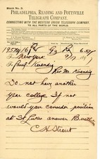 1891 Philadelphia Reading & Pottsville Telegraph Co. Telegram to Paul Kruenig picture