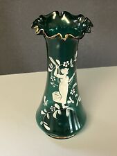 Antique Victorian Blown Glass MARY GREGORY GREEN RUFFLED ENAMEL VASE, 8