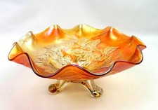 Dugan Marigold Carnival Glass Cherries Three Footed Antique 8 1/2