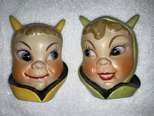 VINTAGE NORCREST LITTLE DEVIL PIXIE WALL POCKET PAIR MINT ANTHROPOMORPHIC picture